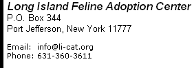 Long Island Feline Adoption Center P.O. Box 344 Port Jefferson, New York 11777  Email: info@li-cat.org Phone:  631-360-3611 